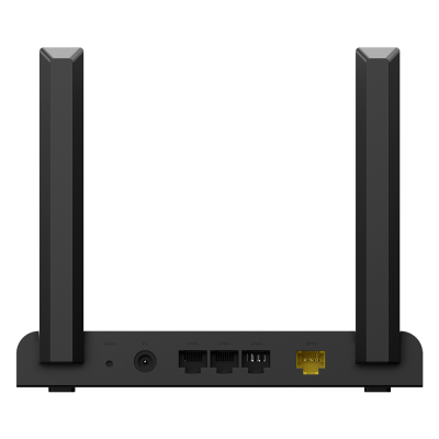 Roteador Wi-Fi preto com duas antenas e várias portas na traseira