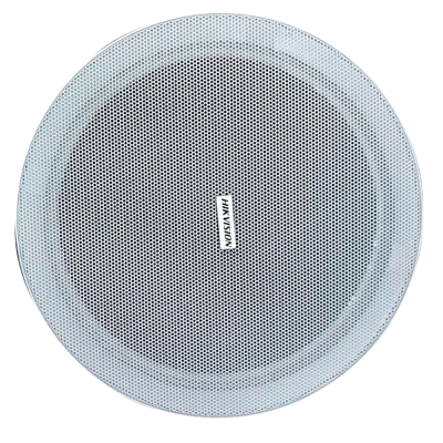 Coluna de som redonda branca com grelha metálica perfurada e etiqueta HIKVISION