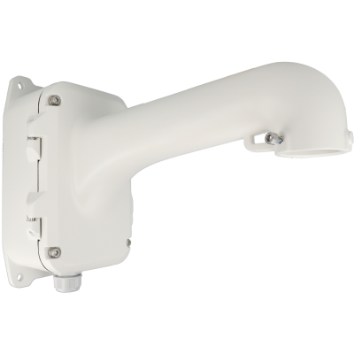 Suporte branco para câmara de videovigilância em plástico, montado na parede.