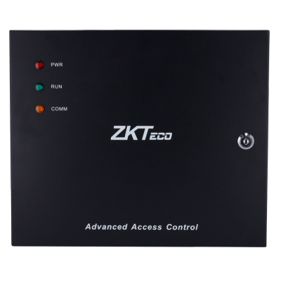 Dispositivo preto ZKTECO com LEDs e chave de segurança.