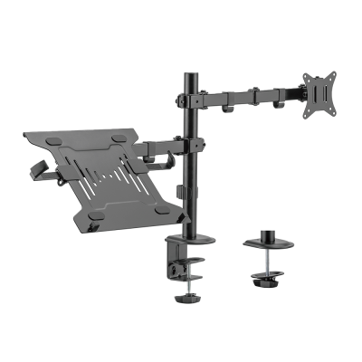 Suporte ajustável em metal para monitor e laptop com fixação em mesa.