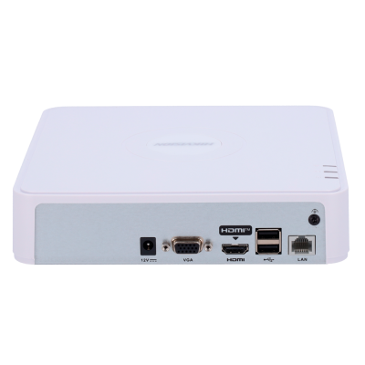 Dispositivo eletrônico branco com conexões HDMI, VGA, USB, LAN e 12V na parte traseira