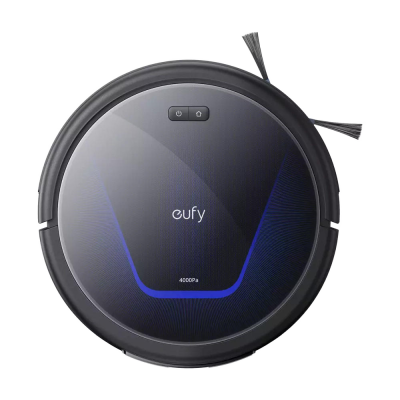 aspirador robot Eufy preto com detalhes azuis