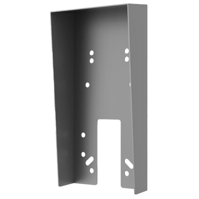 Suporte metálico cinzento com vários furos e fundo aberto