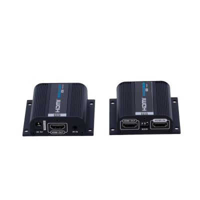 Dois dispositivos extensores HDMI pretos lado a lado em superfície branca