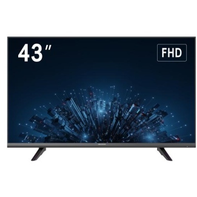 Televisão LED 43 polegadas com gráficos digitais e marcações 43 e FHD