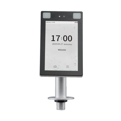 Ecrã digital retangular com data, hora e texto Welcome montado num suporte metálico