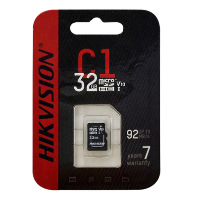 MicroSD cartão de memória HIKVISION 32GB em embalagem preta e vermelha