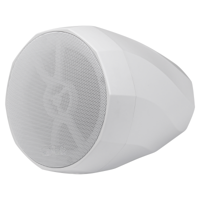 Coluna de som branca com grelha metálica circular