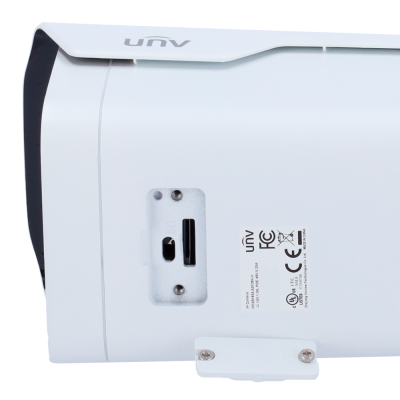 Câmera de vigilância branca UNV com entrada para cartão SD e etiquetas de certificação