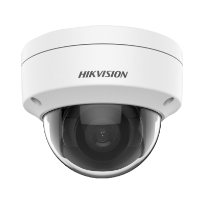 Câmara de vigilância dome branca com cúpula transparente e texto HIKVISION