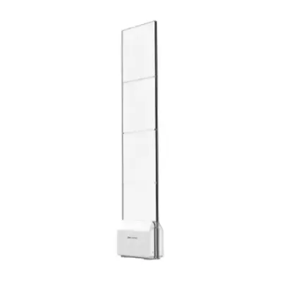 Antena eletrónica branca com quatro painéis transparentes e base quadrada