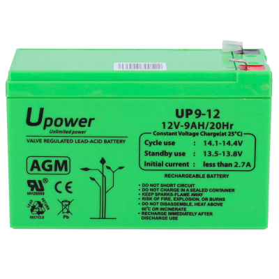 Bateria AGM verde Upower 12V 9AH com especificações e riscos impressos