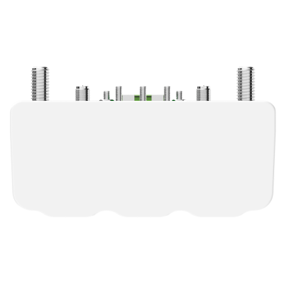 Dispositivo eletrónico branco com várias portas metálicas e conectores na parte superior