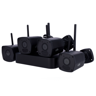 Conjunto de quatro câmaras de vigilância preto com antenas e base preta