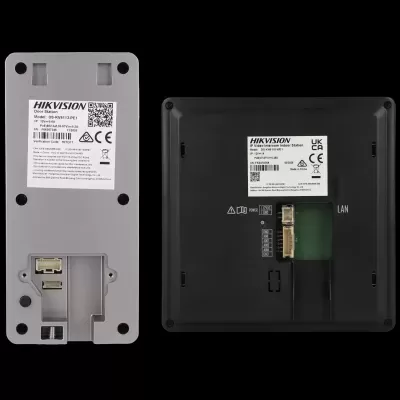Dispositivos Hikvision DS-KV6113-PE1 e DS-KH6110-WE1 com etiquetas técnicas visíveis