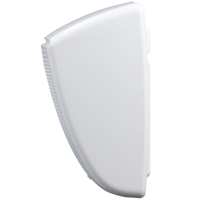 Dispositivo plástico branco com formato arredondado visto de lado