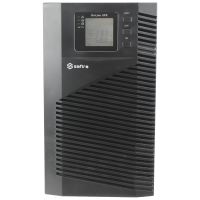 No-break preto e cinzento com visor digital e botões