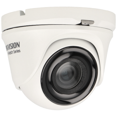 Câmara de segurança dome branca com lente preta e inscrições 'HIKVISION' e 'turbo hd 4.0'.