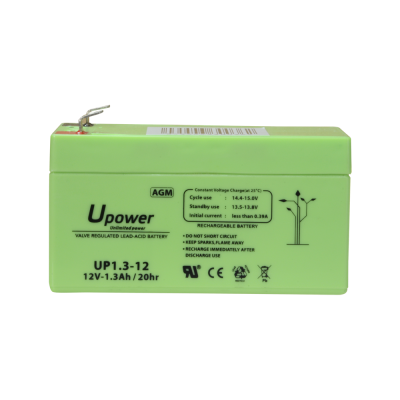 bateria recarregável Upower verde com texto e símbolos de certificação