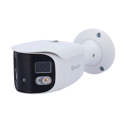 Câmara de vigilância exterior branca e preta Safire SMART com suporte de fixação branco.