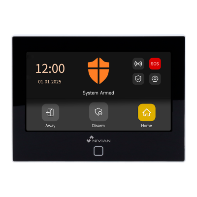 Painel de controlo de sistema de alarme digital com visor a cores e botões visíveis
