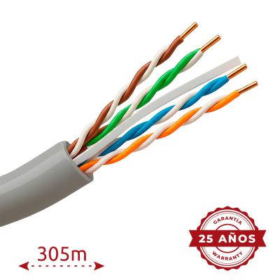 Cabo de rede cinzento com fios trançados coloridos e selo de garantia de 25 anos.