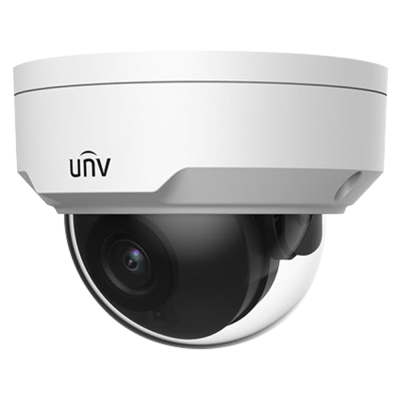 Câmara de vigilância do tipo domo branca com lente protegida por cúpula transparente e logótipo UNV.