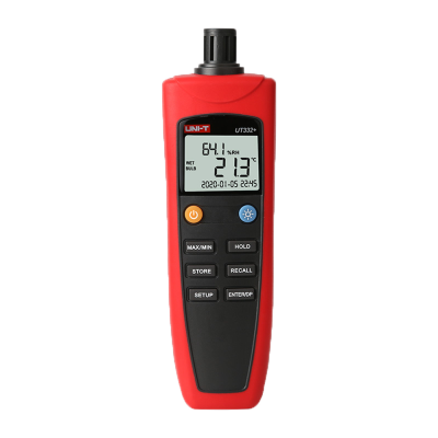 Termómetro digital vermelho e preto com ecrã LCD e botões