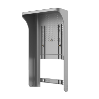 Estrutura metálica cinzenta com cobertura em forma de concha e suportes para fixação