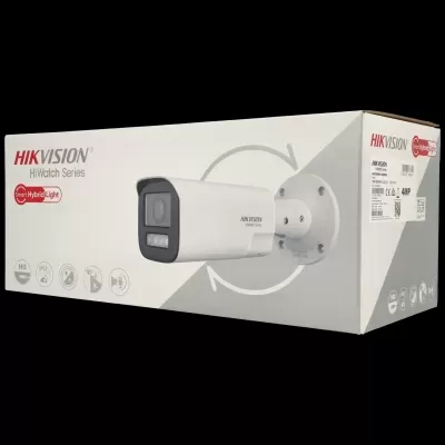 Câmara de segurança branca Hikvision na caixa do produto