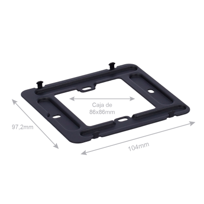 Suporte retangular preto em plástico com medidas indicadas