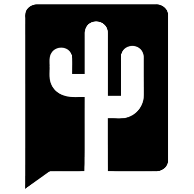 Logotipo preto e branco com cacto dentro de balão de fala