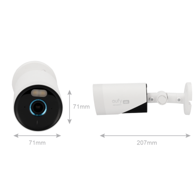 Câmara de segurança branca eufy 4K com anel LED azul e suporte de fixação