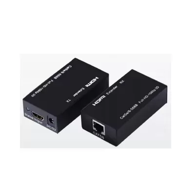 Dois dispositivos HDMI Extender TX e RX pretos com entradas HDMI e CAT 5/6
