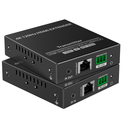 Dispositivos eletrónicos pretos com portas RJ45 e RS-232 e texto HDMI EXTENDER