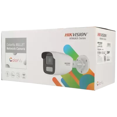 Caixa de câmara de segurança HIKVISION HiWatch Series branca com texto e imagem da câmara bullet colorida.
