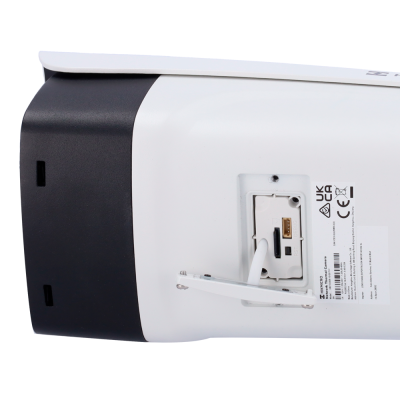 Câmara Hikmicro preta e branca com porta aberta e etiquetas técnicas visíveis