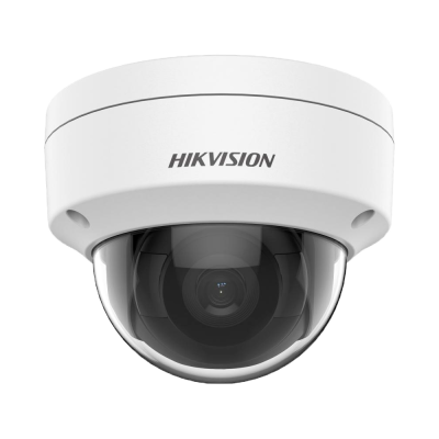 Câmara de vigilância domo branca com lente preta e texto HIKVISION