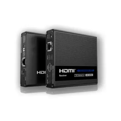 Dispositivos electrónicos HDMI Extender RX pretos com etiquetas e portas