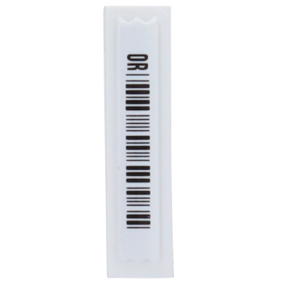 Etiqueta plástica branca com código de barras preto e texto OR