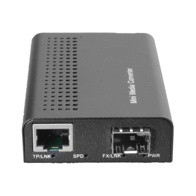 Mini Media Converter preto com portas TP/LINK e FX/LINK