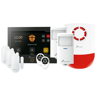 Sistema de alarme branco com painel digital, sensores de movimento, sensores magnéticos, comandos remotos e sirene vermelha