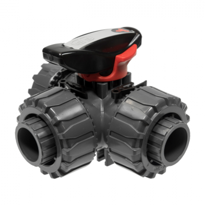 Válvula de três vias cinzenta com pega preta e vermelha