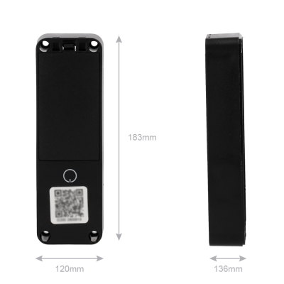 Caixa preta retangular com código QR e dimensões visíveis.