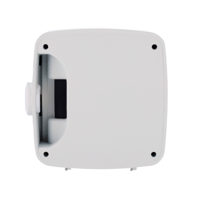 Dispositivo quadrado branco com parafusos e componente preto