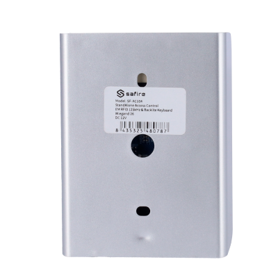 Dispositivo de controlo de acesso Safire prateado com etiqueta e código de barras