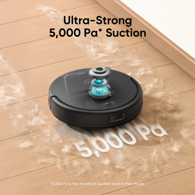 Aspirador robô preto com sucção forte em chão de madeira