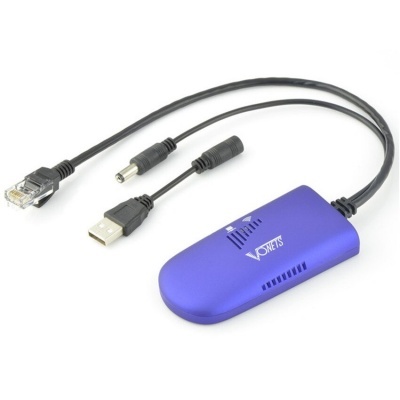 Dispositivo azul VONETS com cabo RJ45, USB e adaptador de energia