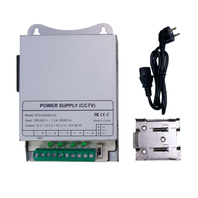 Fonte de alimentação CCTV cinza com cabo preto e suporte metálico